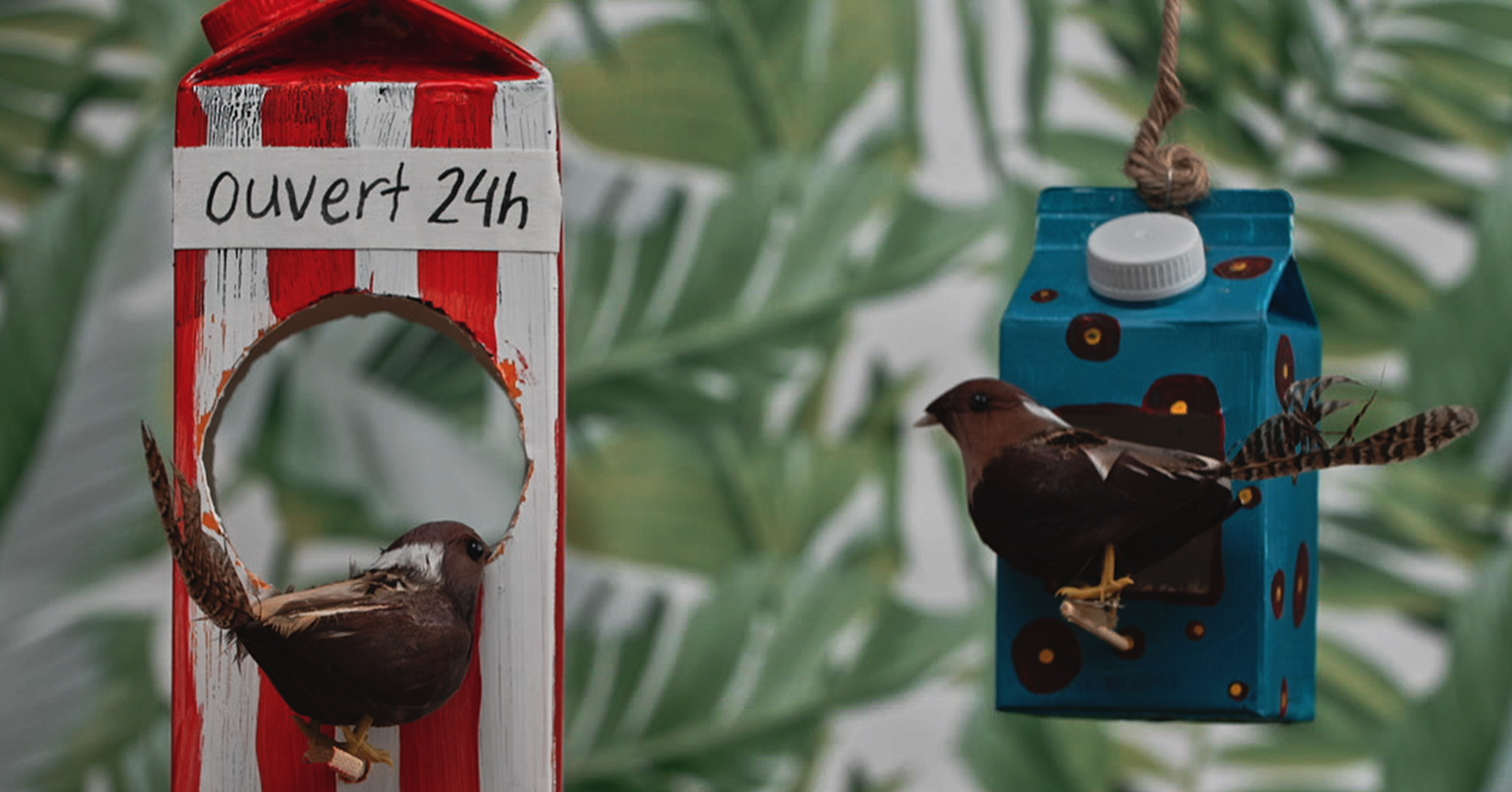 Deux mangeoires à oiseaux fabriquées avec des berlingos.