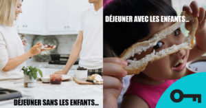 Un mème montrant un couple qui déjeune et de l'autre côté, un enfant qui défait sa tranche de pain