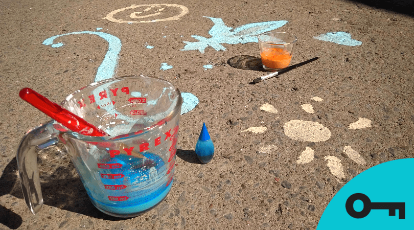 Des dessins de craies liquides sur du béton, avec un tasse à mesurer et des pinceaux.