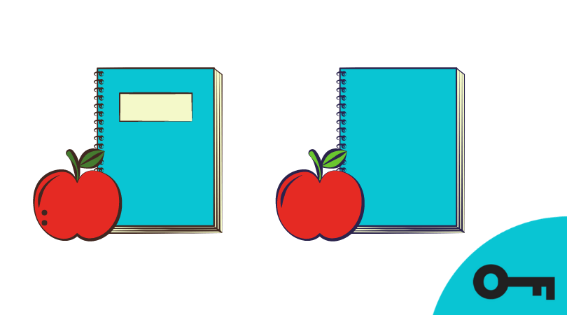 Un jeu des 3 différences avec une image de cahier accompagnée d'une pomme.