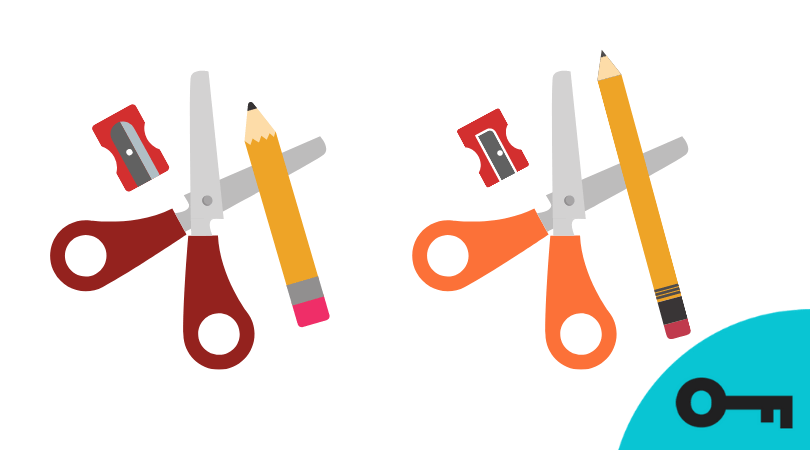 Un jeu des 3 différences avec une image matériel scolaire comportant une paire de ciseaux, un crayon de plomb et une aiguisoir.