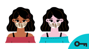 Un jeu des 3 différences avec une image de personnage portant un couvre-visage.