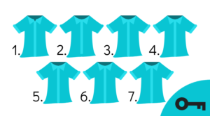 Un jeu visuel : 7 chemises turquoises dont 2 sont différentes.