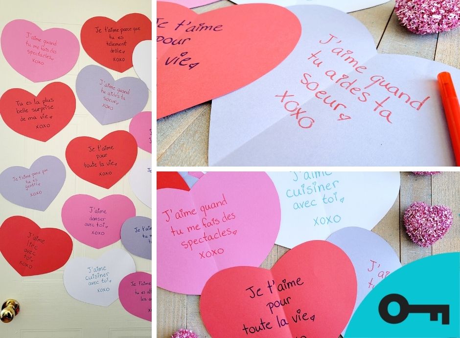 Trois photos de messages d'amour sur des cartons rouges, roses et blancs en forme de coeur. 
